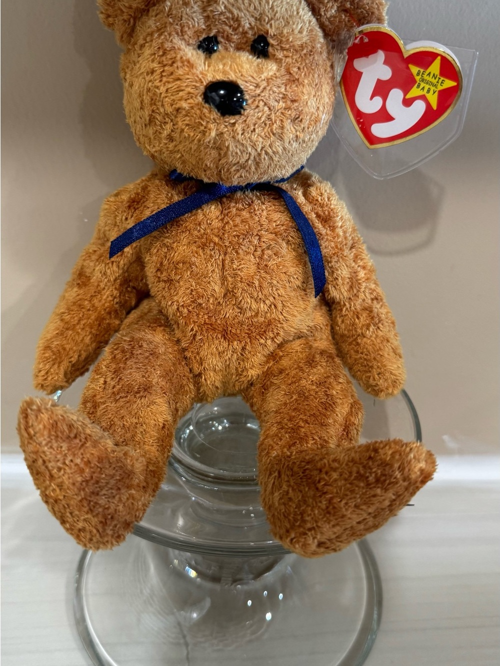 Ty Brown Plush Bear with Navy Ribbon